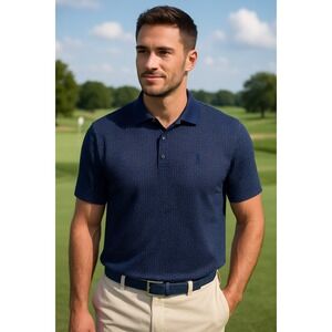 Polo Golf Ralph Lauren Mens Navy Blue Polka Dot Pima Cotton Polo Shirt XL Preppy
